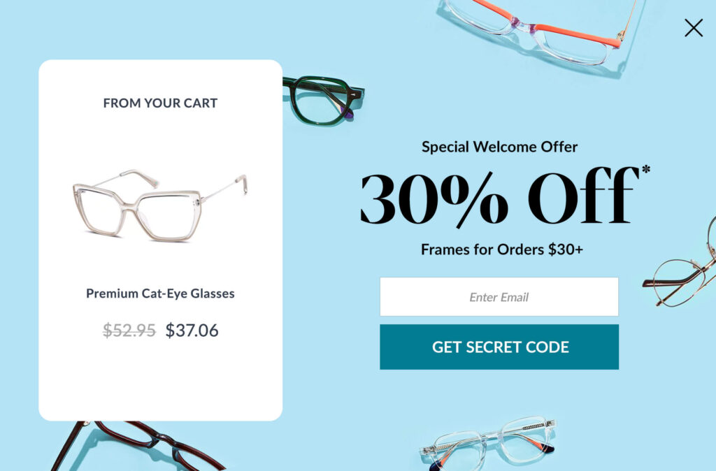 Save Your Cart modal and 30% off discount