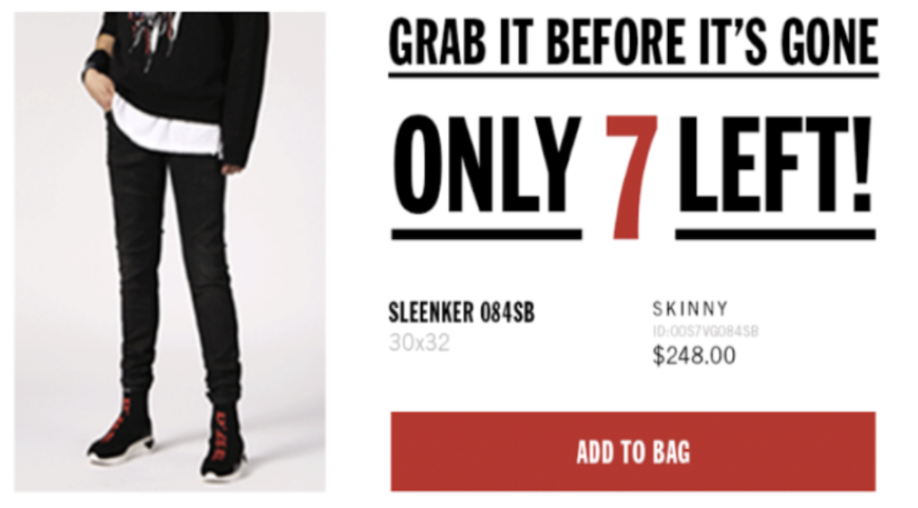 Example of a low stock alert that incites urgency to purchase.