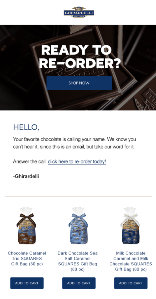 Ghirardelli Life Cycle email example. Affiliate engagement. 