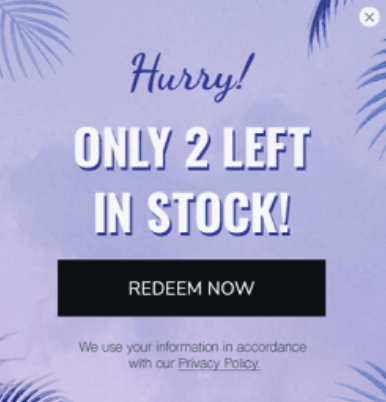 Low stock alert modal example. Affiliate engagement. 