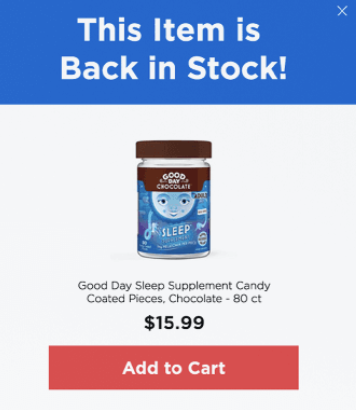 Item is Back in Stock on-site notification. Affiliate engagement. 