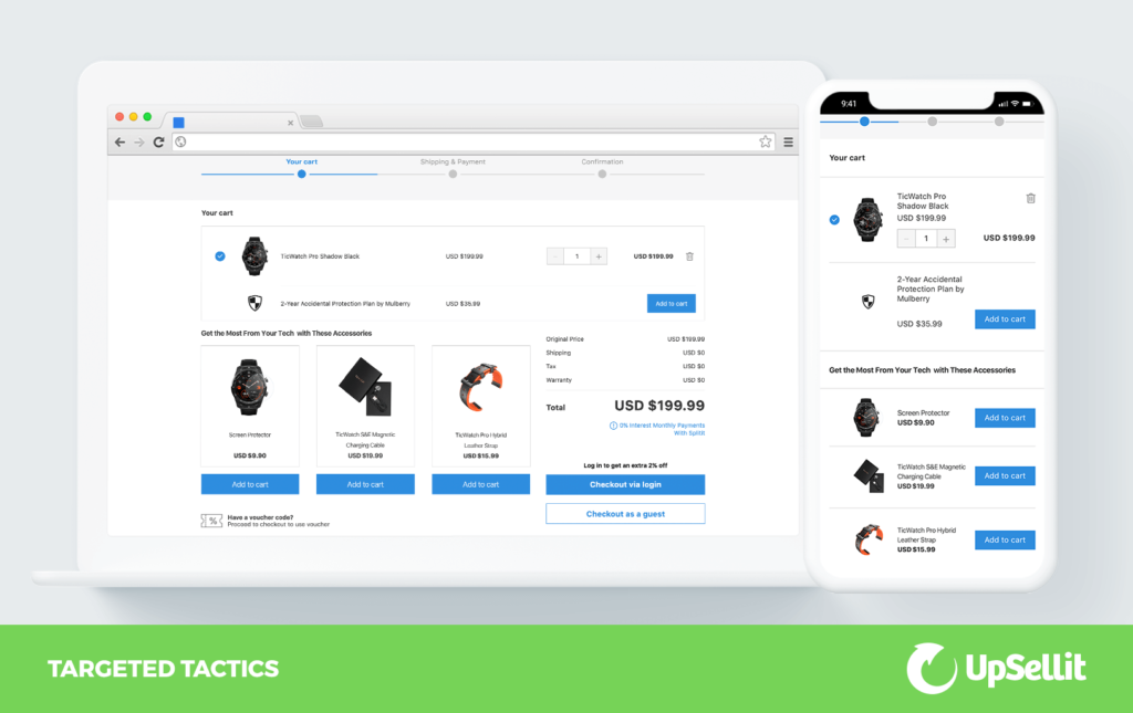 Picture shows an online shopping cart containing a watch. The shopping cart page includes in-page recommendations for a watch screen protector, charger, and leather watch strap.