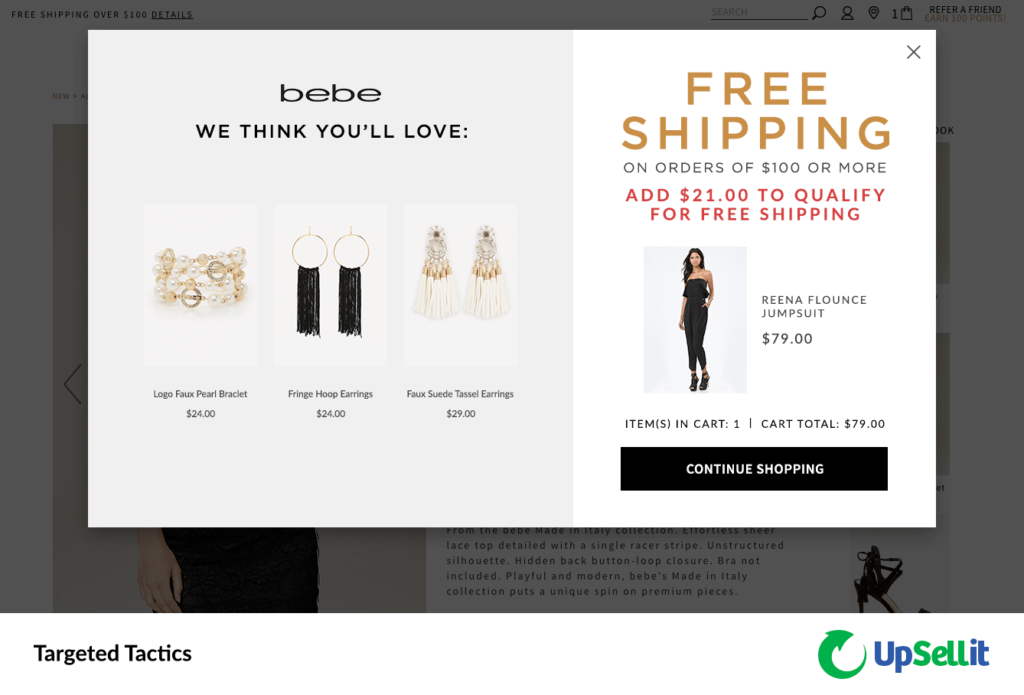 Image shows a clothing website where the shopper has added a jumpsuit costing $79 to their cart. The website messaging says customers get free shipping on orders of $100 or more and recommends 1 bracelet and 2 earrings that each cost $21 or more.