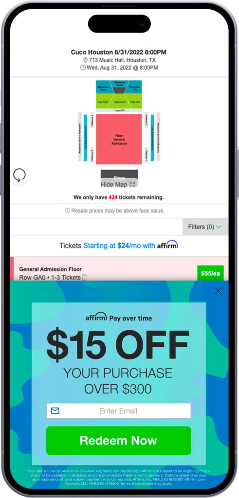 Mobile phone on a ticket vendor's website offering $15 off a $300 purchase in exchange for an email.