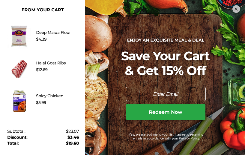 On-site ecommerce modal offering to save shoppers' carts in exchange for an email to get 15% off.