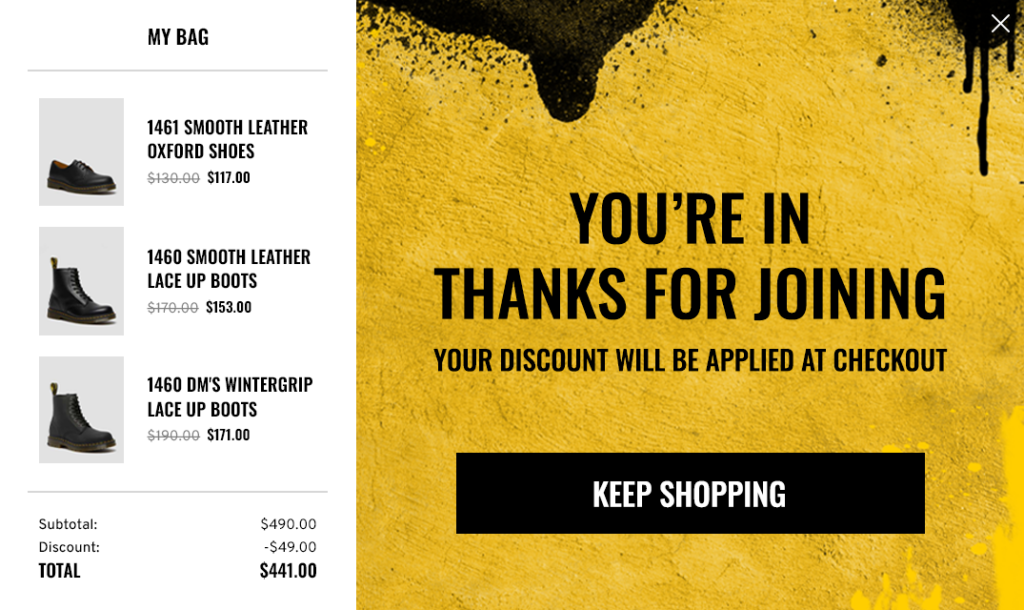 Engagement demonstrating a thank you page that is shown after a user signs up for an email list.