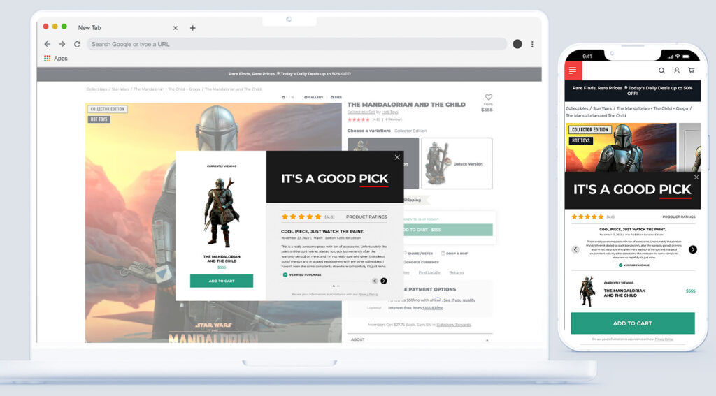 Abandonment modal with a customer review about the PDP item